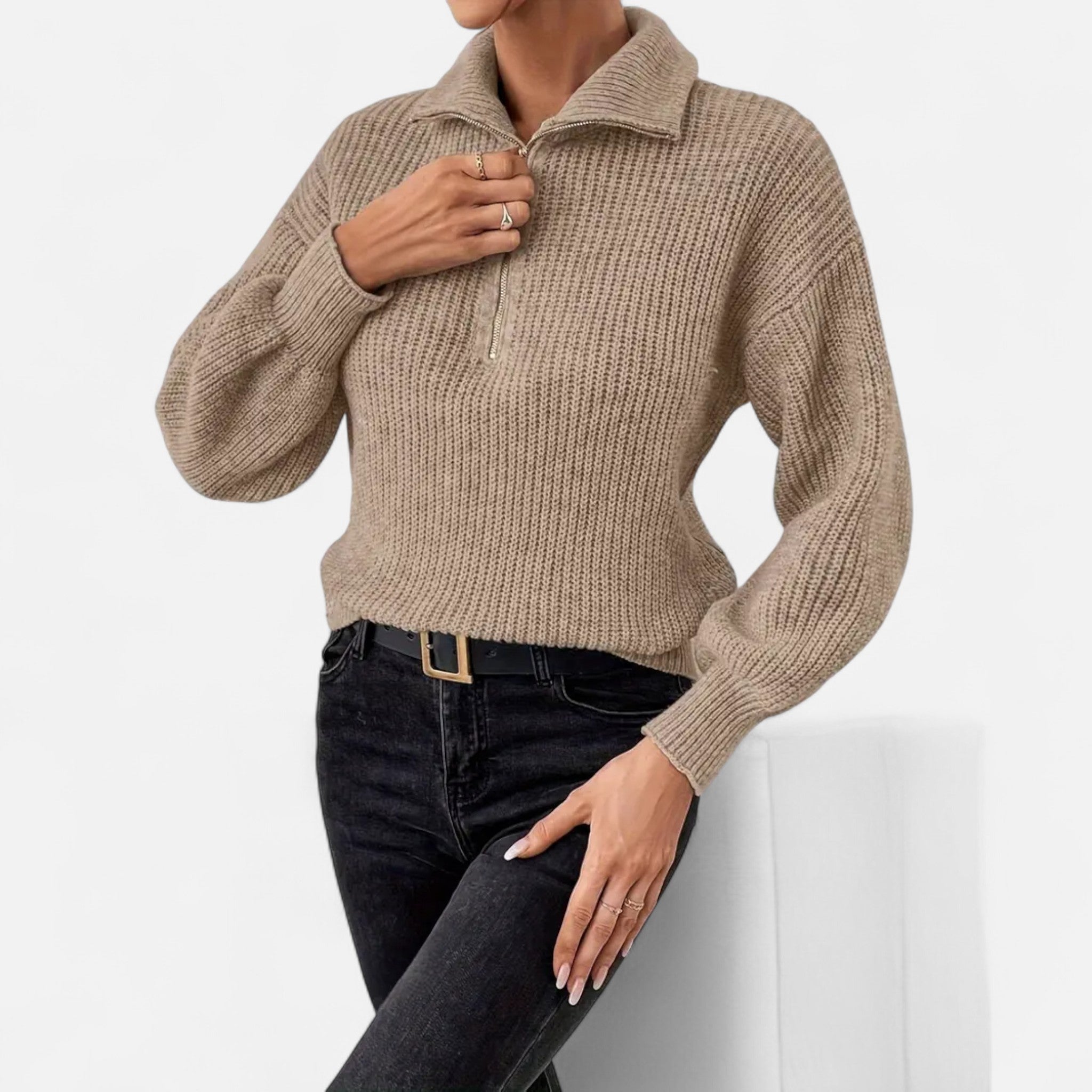 Lanavel | Women’s Drop Shoulder Zip-Up V-Neck Sweater