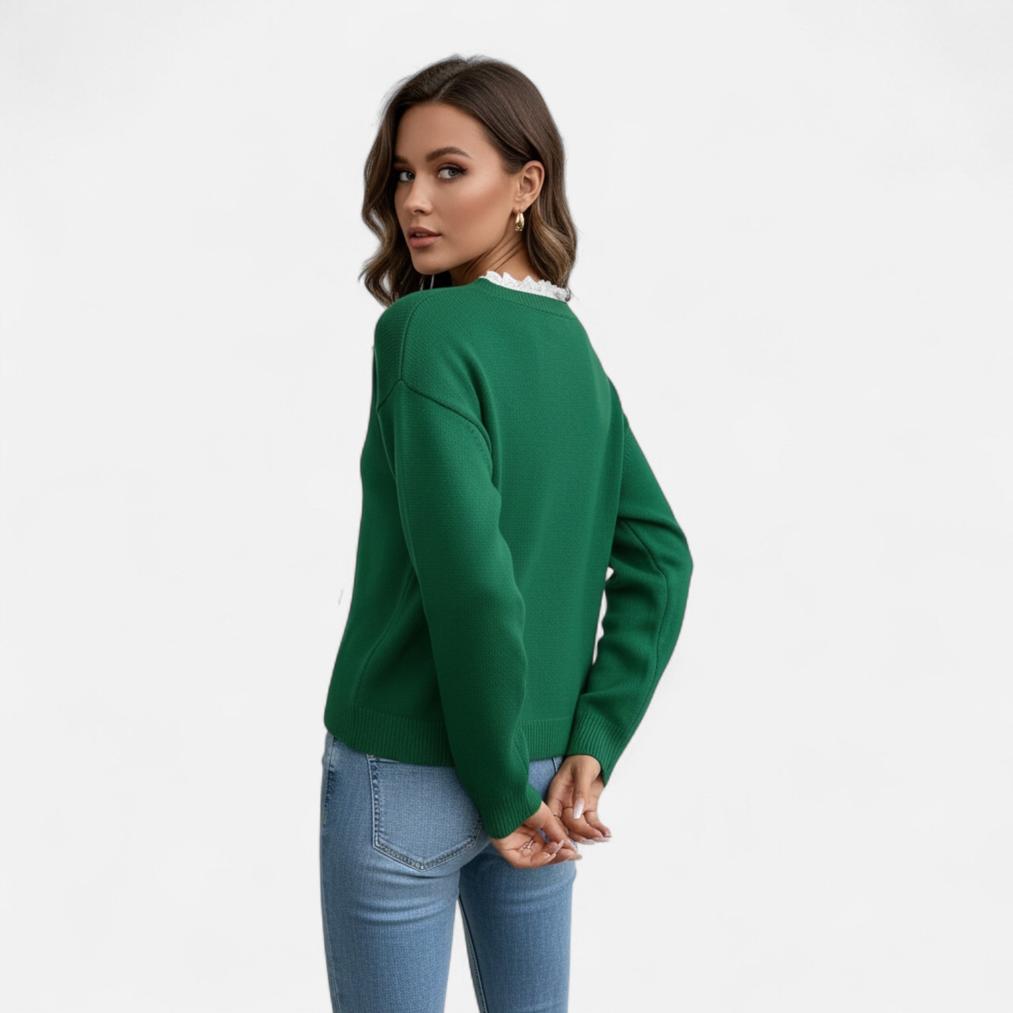 Lanavel | Women’s Elegant Lace Trim V-Neck Sweater
