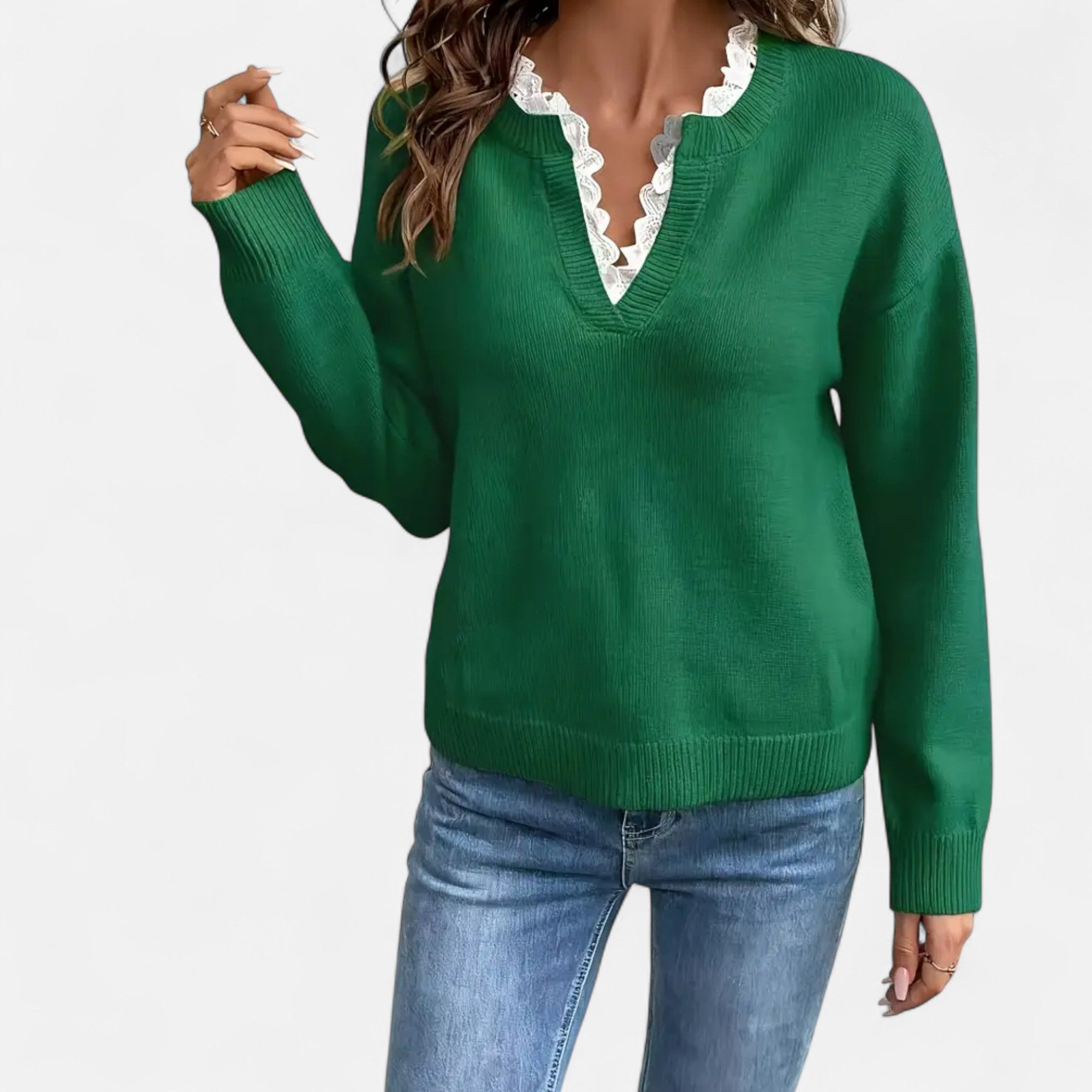 Lanavel | Women’s Elegant Lace Trim V-Neck Sweater