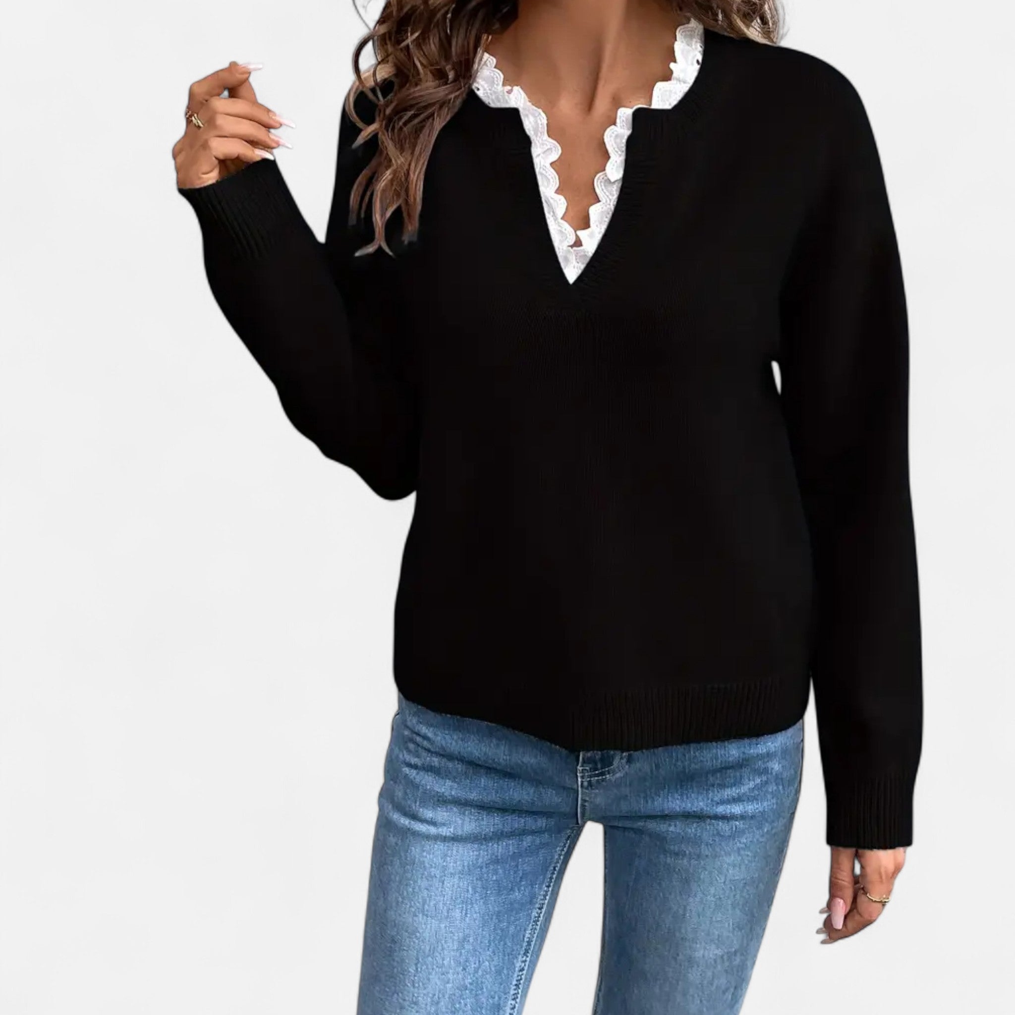 Lanavel | Women’s Elegant Lace Trim V-Neck Sweater