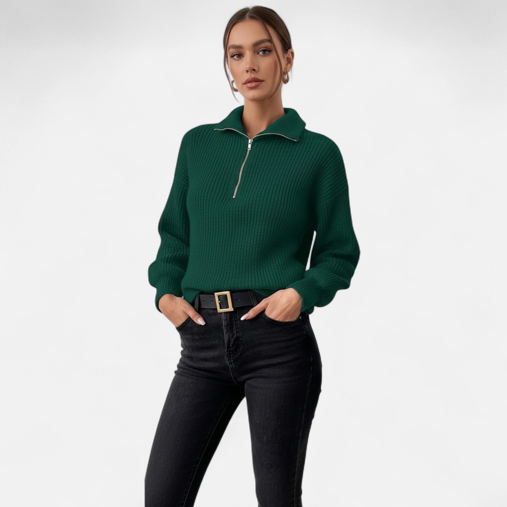 Lanavel | Women’s Drop Shoulder Zip-Up V-Neck Sweater