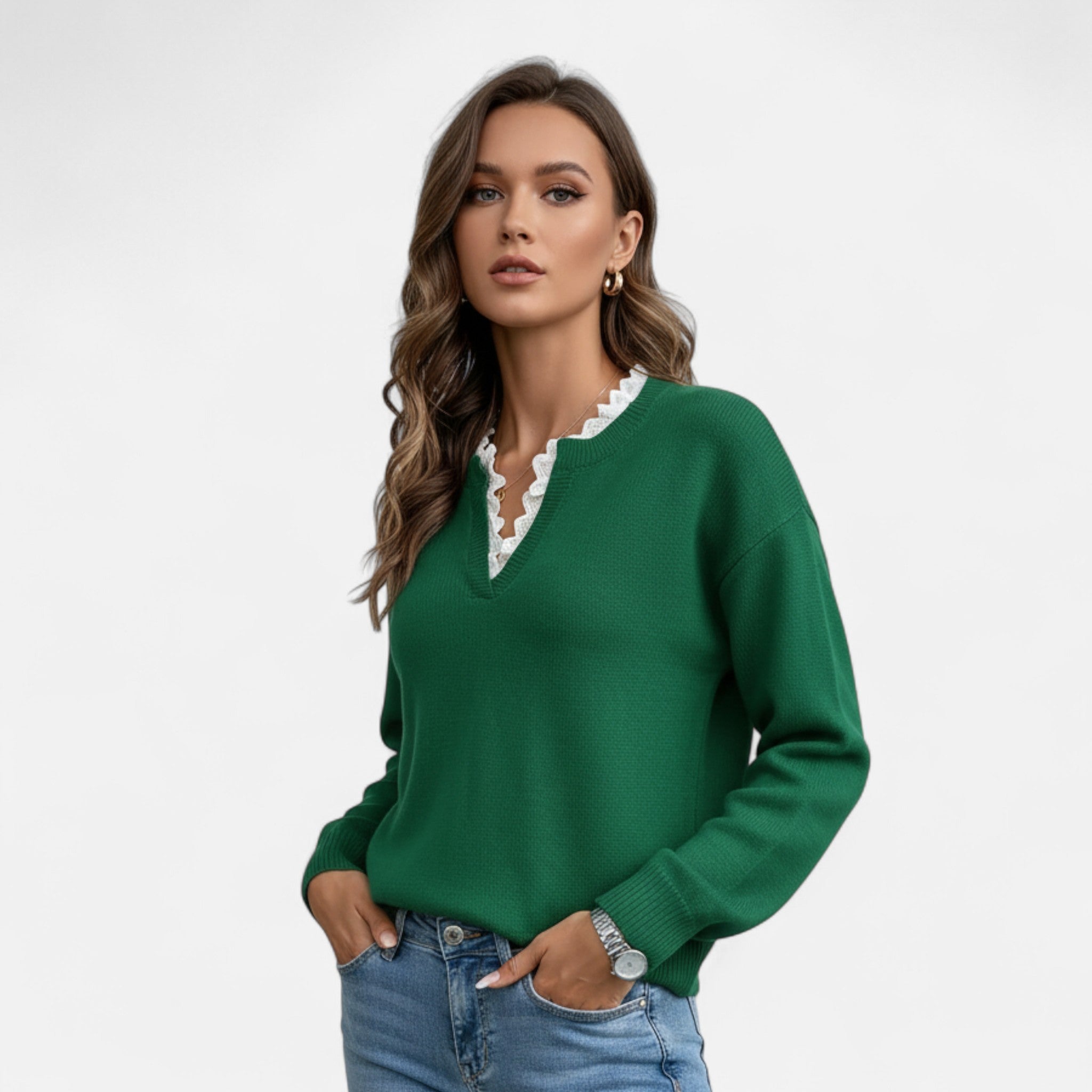 Lanavel | Women’s Elegant Lace Trim V-Neck Sweater