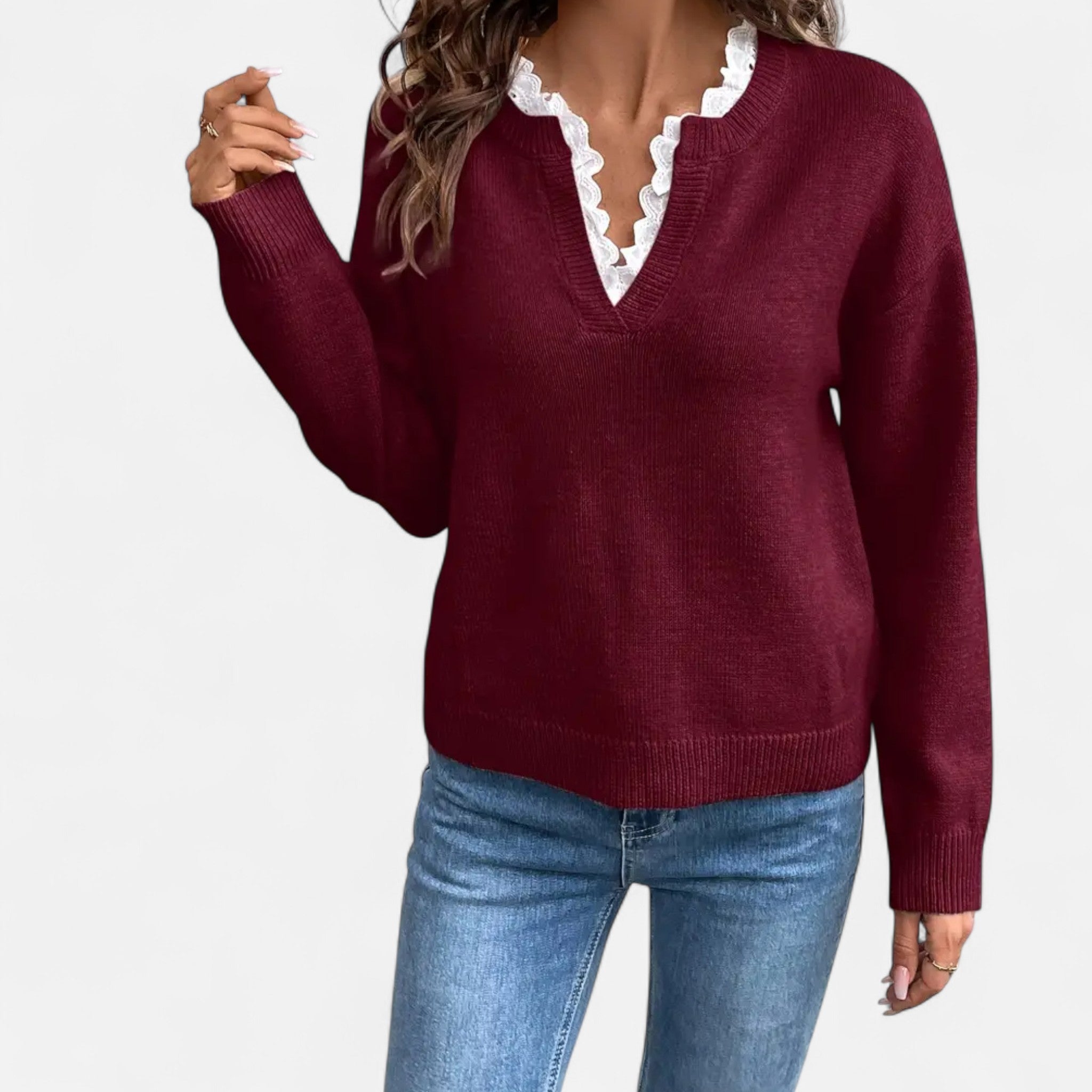 Lanavel | Women’s Elegant Lace Trim V-Neck Sweater