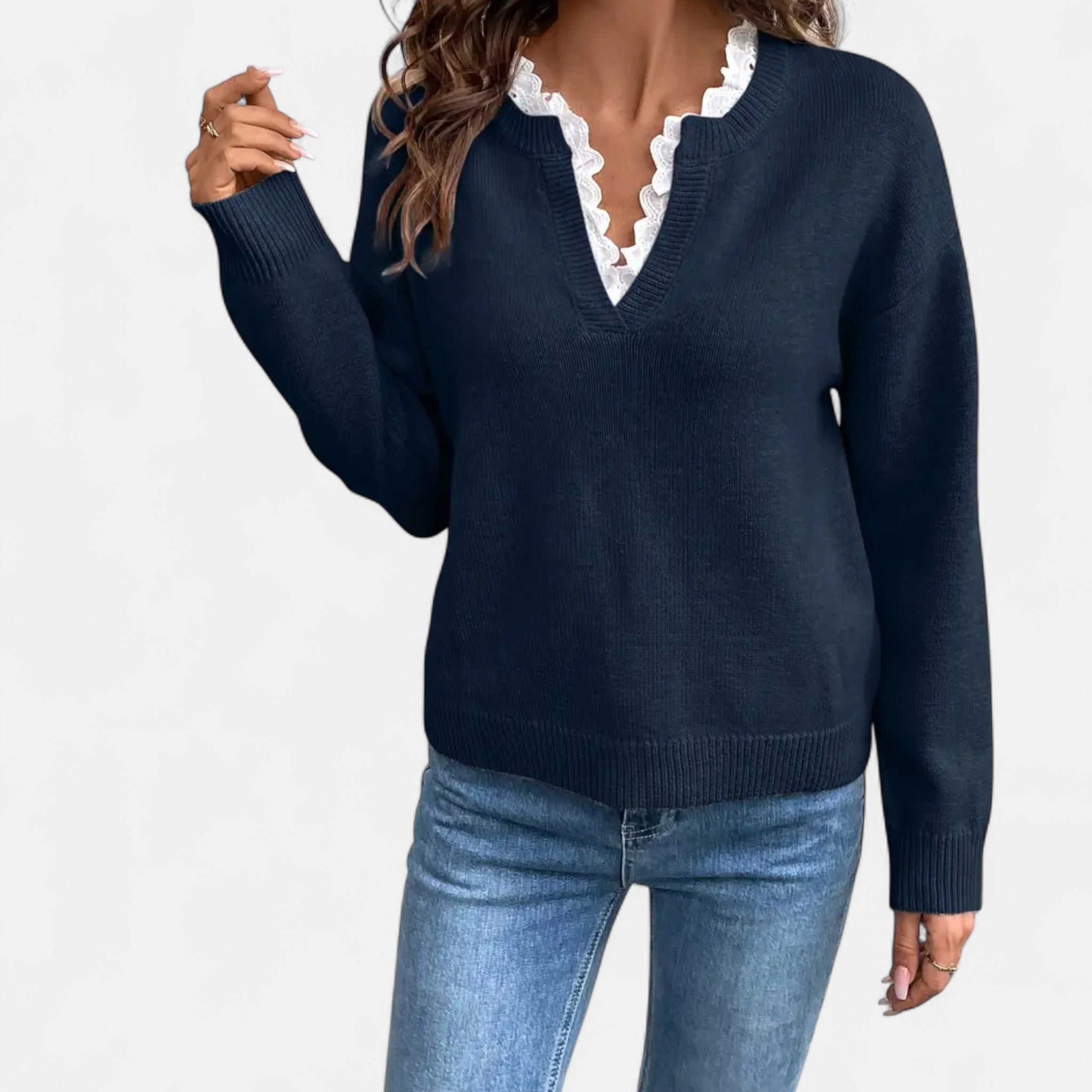 Lanavel | Women’s Elegant Lace Trim V-Neck Sweater