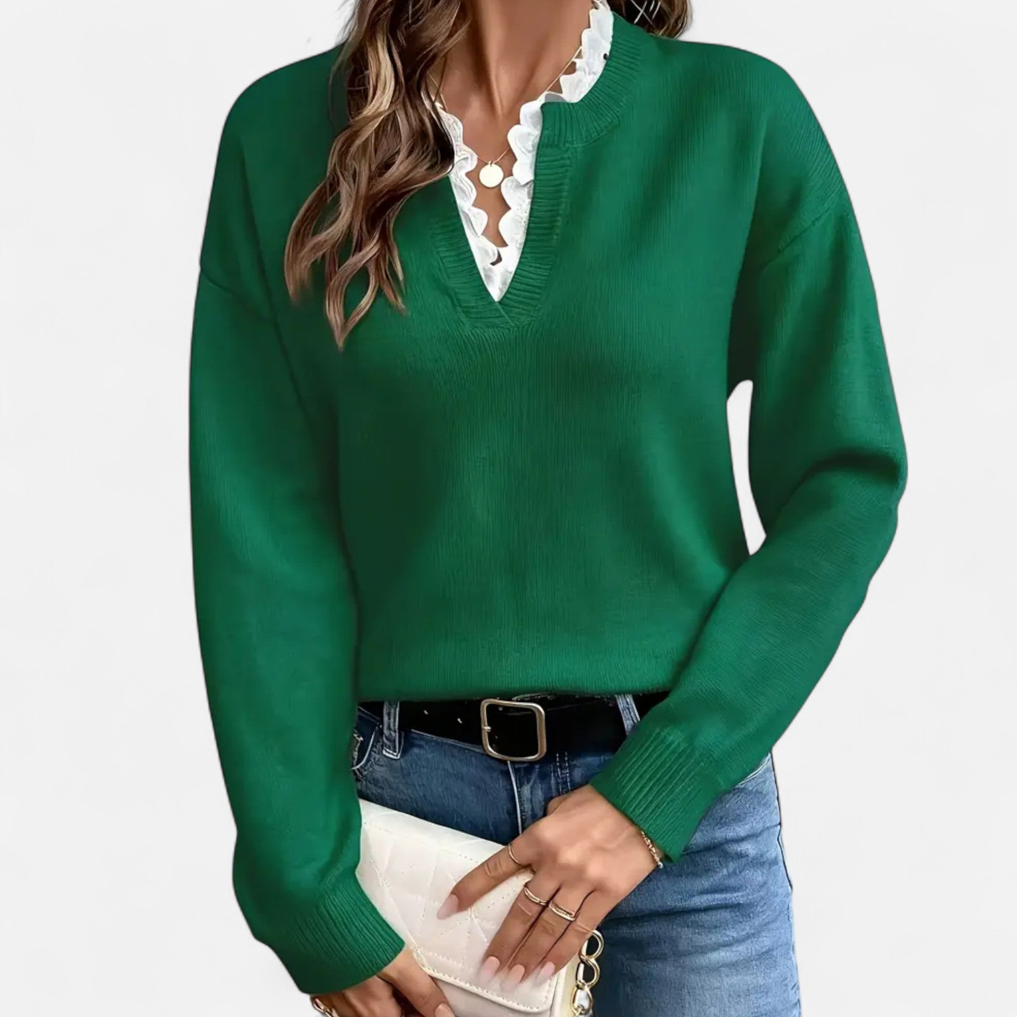 Lanavel | Women’s Elegant Lace Trim V-Neck Sweater