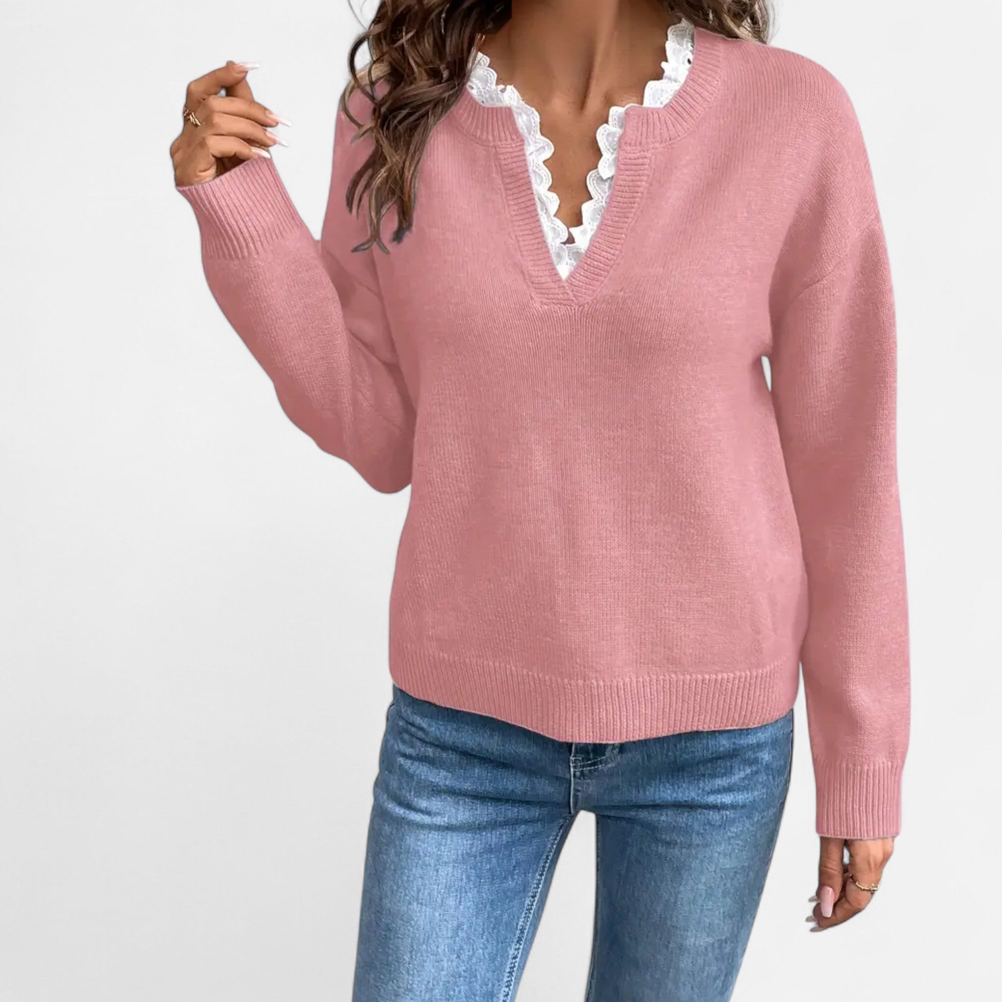 Lanavel | Women’s Elegant Lace Trim V-Neck Sweater